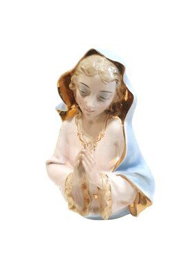 Vintage Ceramic Praying Virgin Mary Bust With Blue Hood & Gold Detailing
